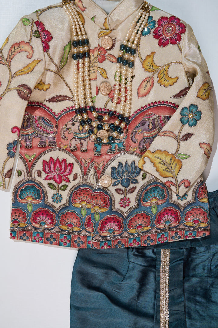 The Nesavu Boys Sherwani Cream Sherwani with Royal Digital Print and Teal Dhoti for Boys Festive Wear Nesavu Boys Cream Sherwani Royal Digital Print Teal Dhoti Special Occasions | The Nesavu