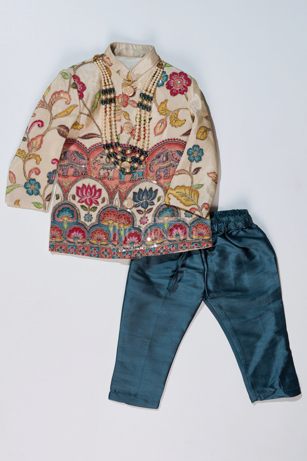 The Nesavu Boys Sherwani Cream Sherwani with Royal Digital Print and Teal Dhoti for Boys Festive Wear Nesavu Boys Cream Sherwani Royal Digital Print Teal Dhoti Special Occasions | The Nesavu