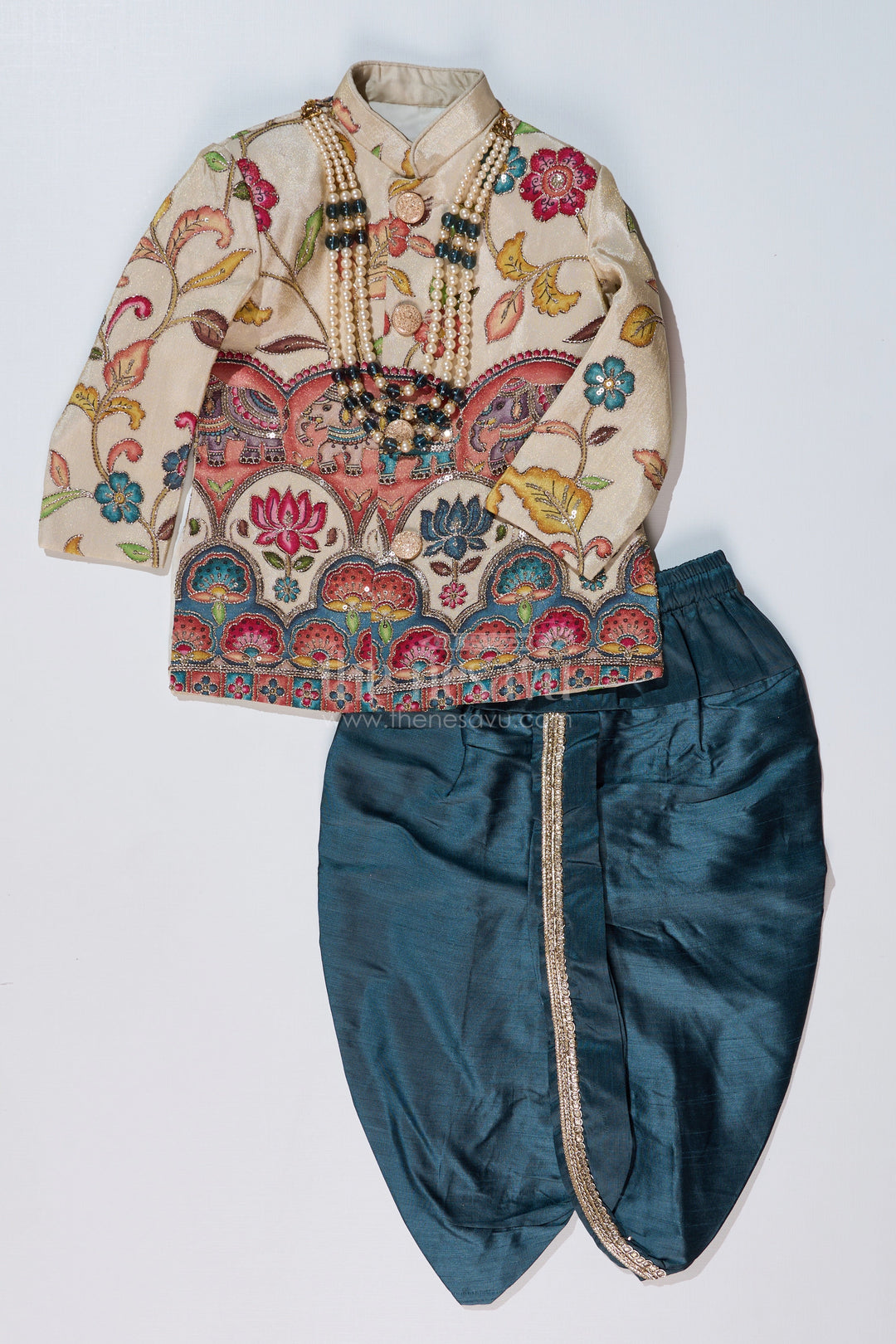The Nesavu Boys Sherwani Cream Sherwani with Royal Digital Print and Teal Dhoti for Boys Festive Wear Nesavu Boys Cream Sherwani Royal Digital Print Teal Dhoti Special Occasions | The Nesavu