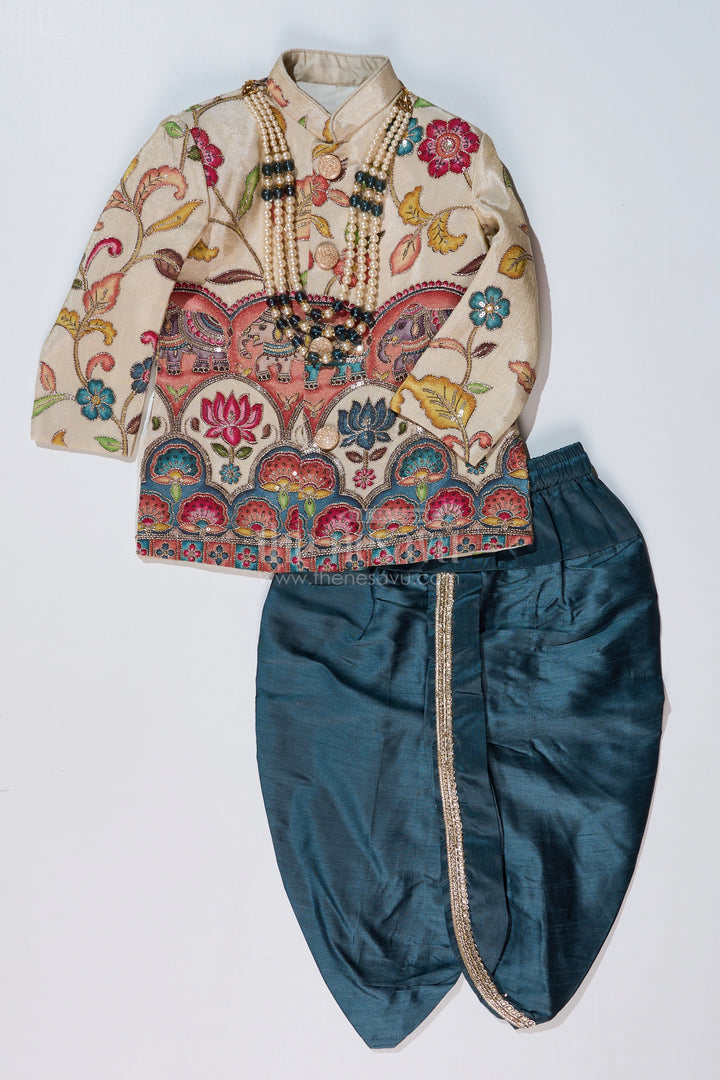 The Nesavu Boys Sherwani Cream Sherwani with Royal Digital Print and Teal Dhoti for Boys Festive Wear Nesavu Boys Cream Sherwani Royal Digital Print Teal Dhoti Special Occasions | The Nesavu