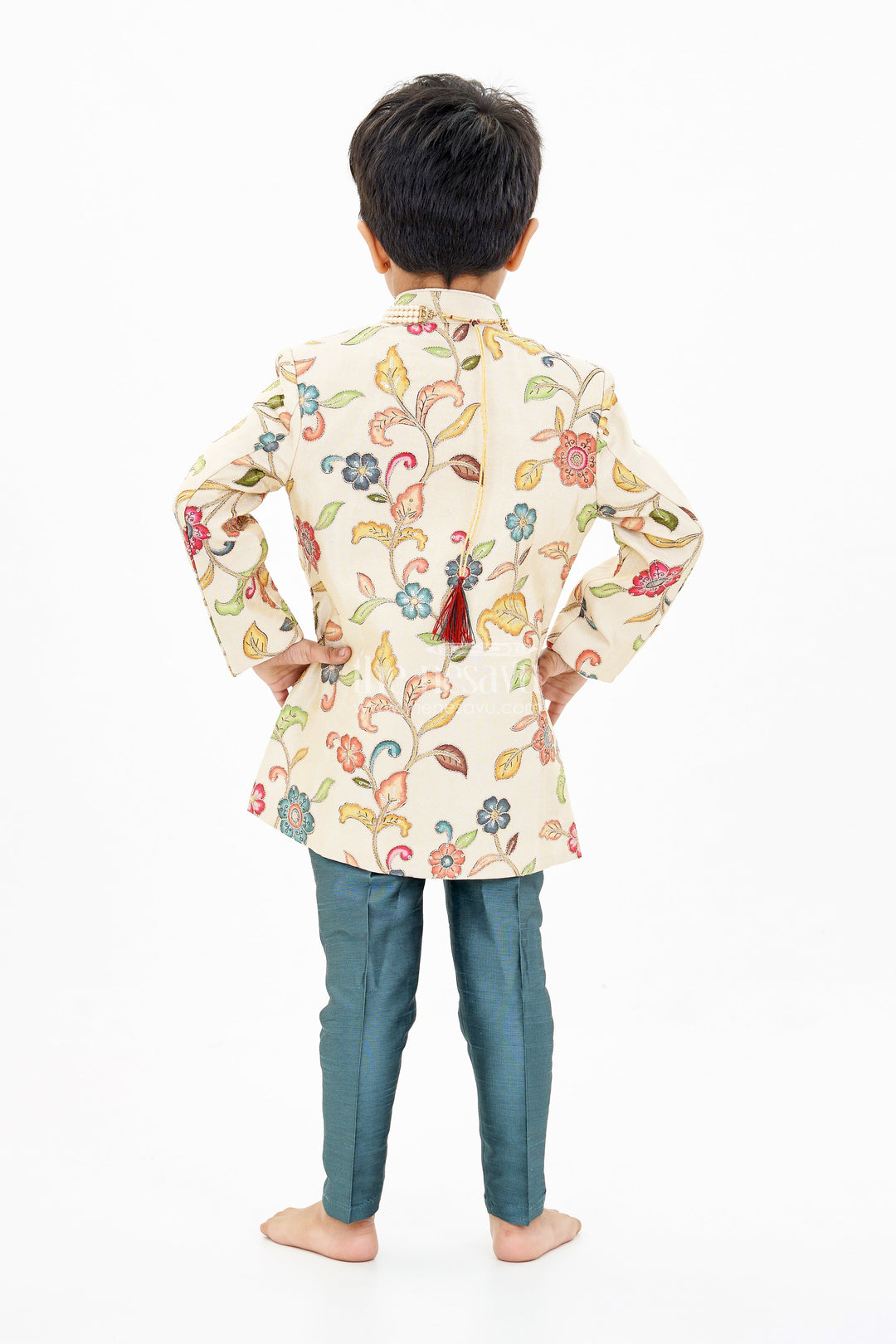 The Nesavu Boys Sherwani Cream Sherwani with Royal Digital Print and Teal Dhoti for Boys Festive Wear Nesavu Boys Cream Sherwani Royal Digital Print Teal Dhoti Special Occasions | The Nesavu