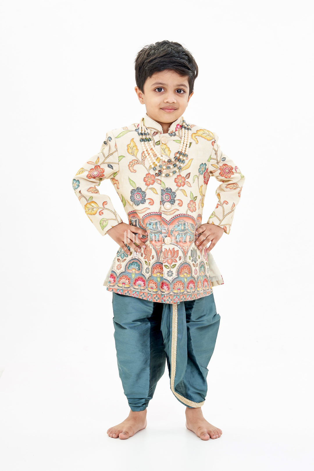 The Nesavu Boys Sherwani Cream Sherwani with Royal Digital Print and Teal Dhoti for Boys Festive Wear Nesavu Boys Cream Sherwani Royal Digital Print Teal Dhoti Special Occasions | The Nesavu