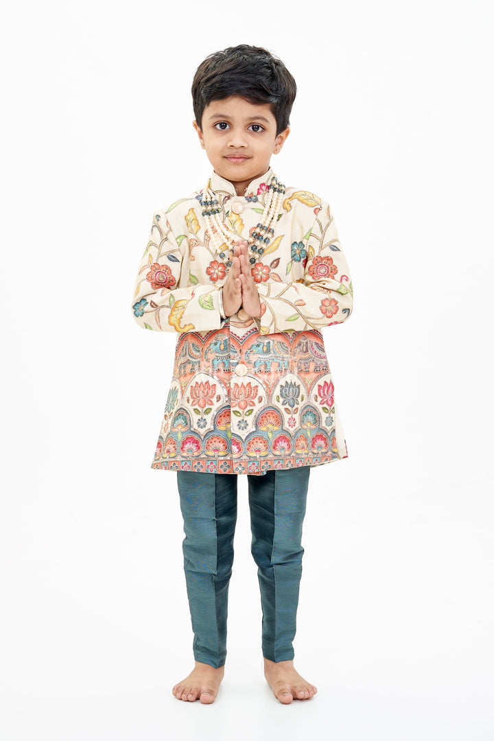 The Nesavu Boys Sherwani Cream Sherwani with Royal Digital Print and Teal Dhoti for Boys Festive Wear Nesavu Boys Cream Sherwani Royal Digital Print Teal Dhoti Special Occasions | The Nesavu