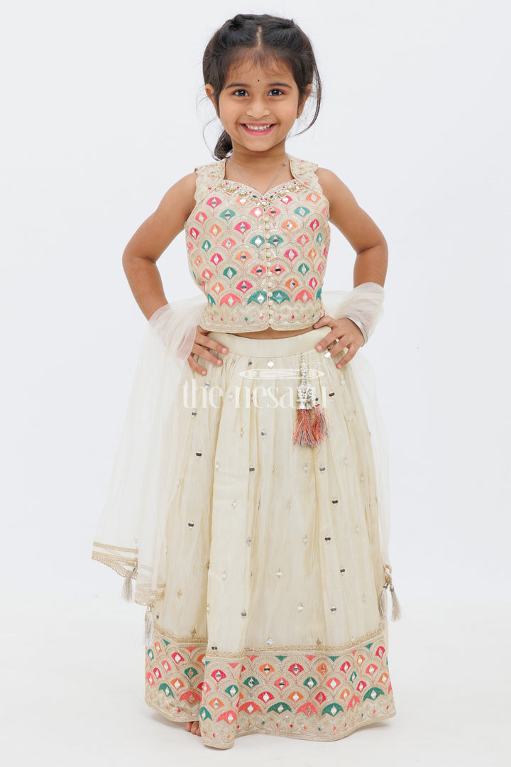 The Nesavu Girls Lehenga Choli Cream Shimmer Tissue Silk Ghagra Choli with Scalloped Embroidery Nesavu 16 (1Y) / Cream GL474A-16 Cream Shimmer Tissue Silk Ghagra Choli with Scalloped Embroidery - Nesavu