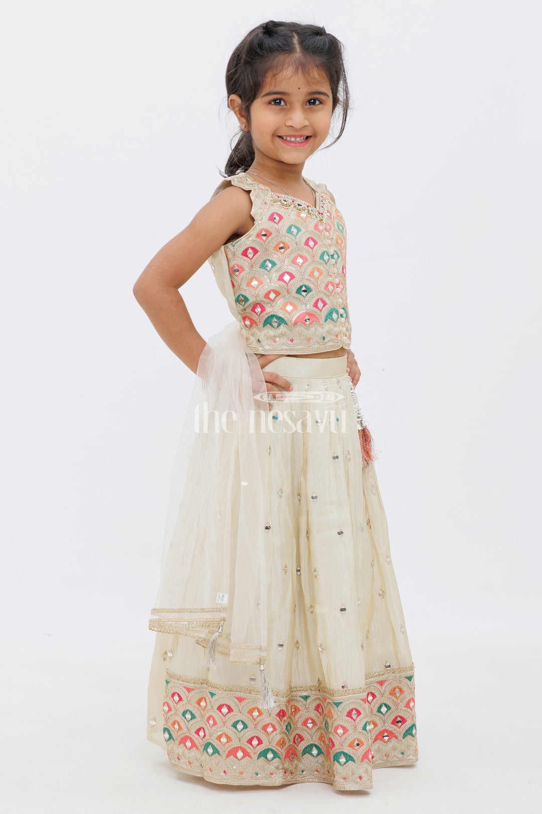 The Nesavu Girls Lehenga Choli Cream Shimmer Tissue Silk Ghagra Choli with Scalloped Embroidery Nesavu Cream Shimmer Tissue Silk Ghagra Choli with Scalloped Embroidery - Nesavu