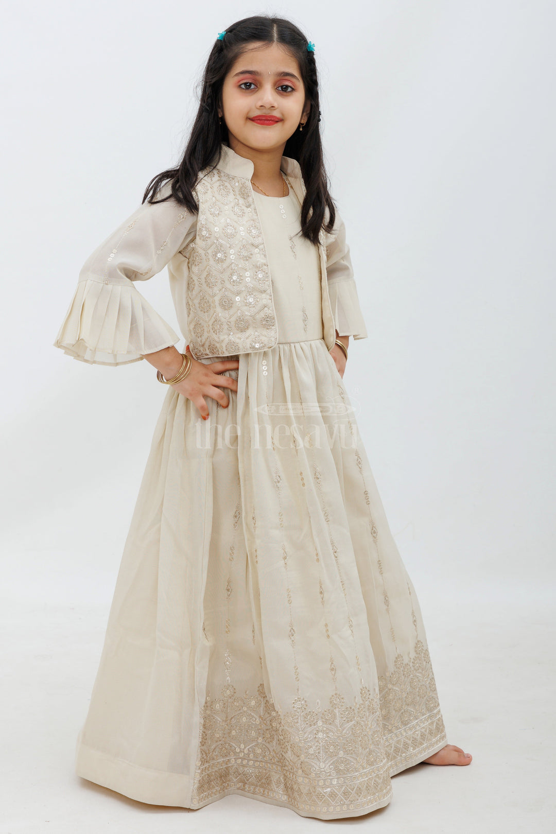 The Nesavu Girls Party Gown Cream Shimmer Tissue Viscose Silk Designer Gown with Embroidered Jacket Nesavu Cream Shimmer Tissue Designer Gown with Embroidered Jacket - Nesavu