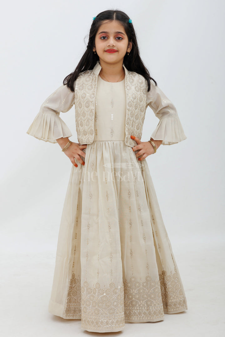 The Nesavu Girls Party Gown Cream Shimmer Tissue Viscose Silk Designer Gown with Embroidered Jacket Nesavu Cream Shimmer Tissue Designer Gown with Embroidered Jacket - Nesavu