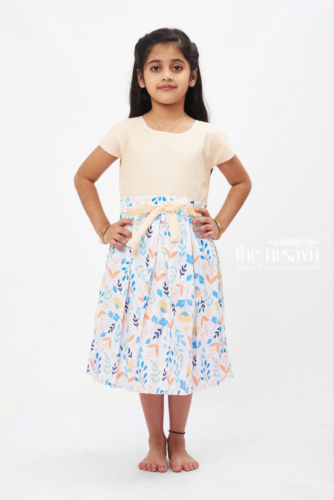 The Nesavu Girls Fancy Frock Creamy Pastel Flora Cotton Frock: Elegant Nature-Inspired Print for Girls Nesavu 22 (4Y) / Yellow GFC1219B-22 Girls' Cream Pastel Floral Print Dress | Cotton Bow Frock | The Nesavu