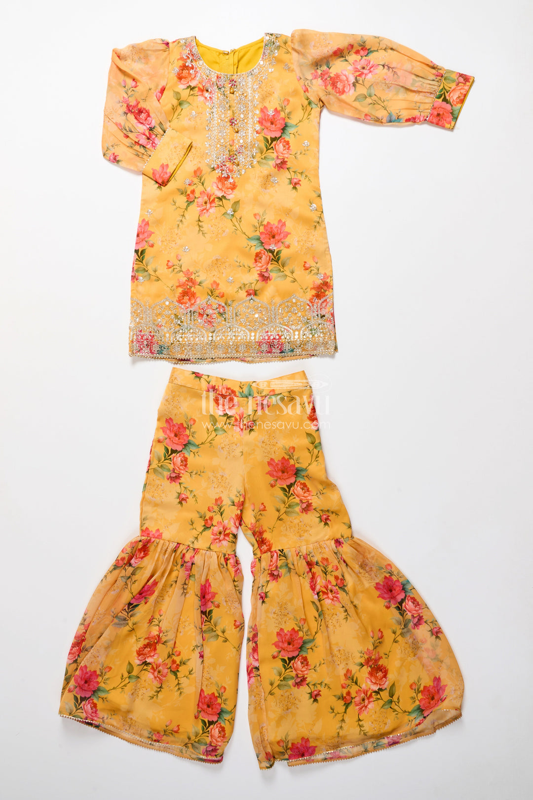 The Nesavu Girls Sharara / Plazo Set Crepe Sharara Set for Girls in Yellow with Floral Digital Print and Sequins Embroidery Nesavu 22 (4Y) / Yellow GPS580A-22 Nesavu Girls Crepe Sharara Set Yellow Digital Floral Prints Sequin Embroidery