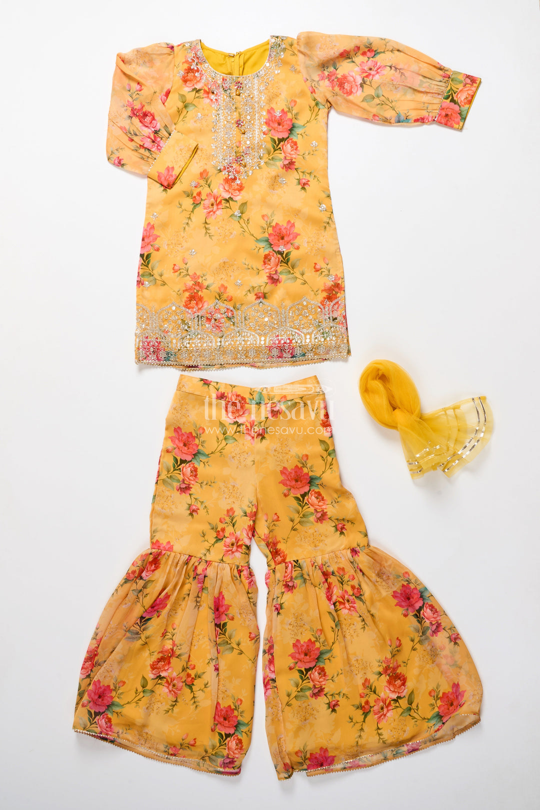 The Nesavu Girls Sharara / Plazo Set Crepe Sharara Set for Girls in Yellow with Floral Digital Print and Sequins Embroidery Nesavu Nesavu Girls Crepe Sharara Set Yellow Digital Floral Prints Sequin Embroidery