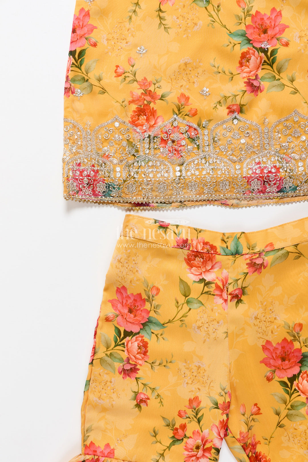 The Nesavu Girls Sharara / Plazo Set Crepe Sharara Set for Girls in Yellow with Floral Digital Print and Sequins Embroidery Nesavu Nesavu Girls Crepe Sharara Set Yellow Digital Floral Prints Sequin Embroidery