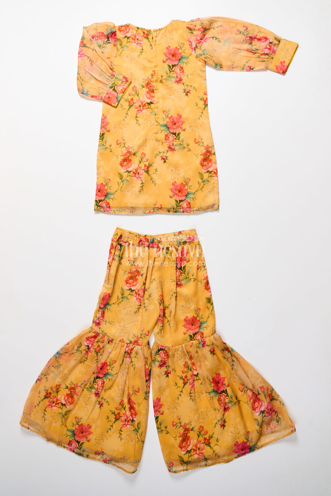 The Nesavu Girls Sharara / Plazo Set Crepe Sharara Set for Girls in Yellow with Floral Digital Print and Sequins Embroidery Nesavu Nesavu Girls Crepe Sharara Set Yellow Digital Floral Prints Sequin Embroidery