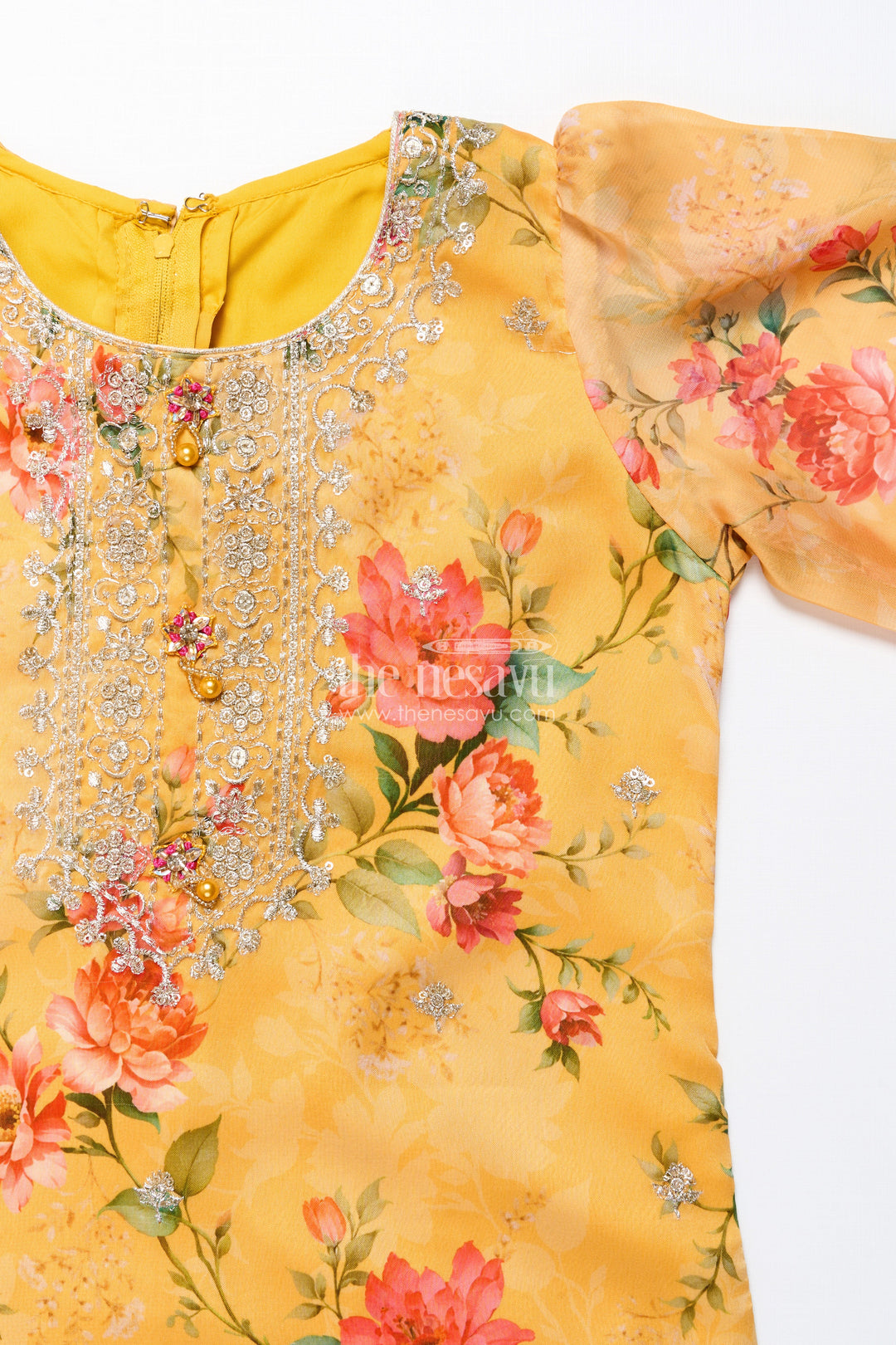 The Nesavu Girls Sharara / Plazo Set Crepe Sharara Set for Girls in Yellow with Floral Digital Print and Sequins Embroidery Nesavu Nesavu Girls Crepe Sharara Set Yellow Digital Floral Prints Sequin Embroidery