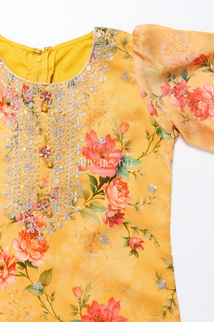 The Nesavu Girls Sharara / Plazo Set Crepe Sharara Set for Girls in Yellow with Floral Digital Print and Sequins Embroidery Nesavu Nesavu Girls Crepe Sharara Set Yellow Digital Floral Prints Sequin Embroidery