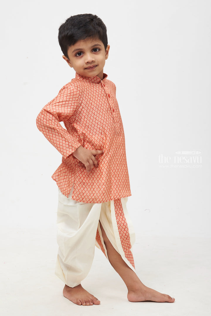 The Nesavu Boys Dothi Set Crimson Canvas: Timeless Block Print Red Kurta with Pristine White Panchagajam for Boys Nesavu 12 (3M) / Red / Muslin Silk BES390A-12 Elegant & Comfortable | Boys Cotton Kurta Sets | The Nesavu