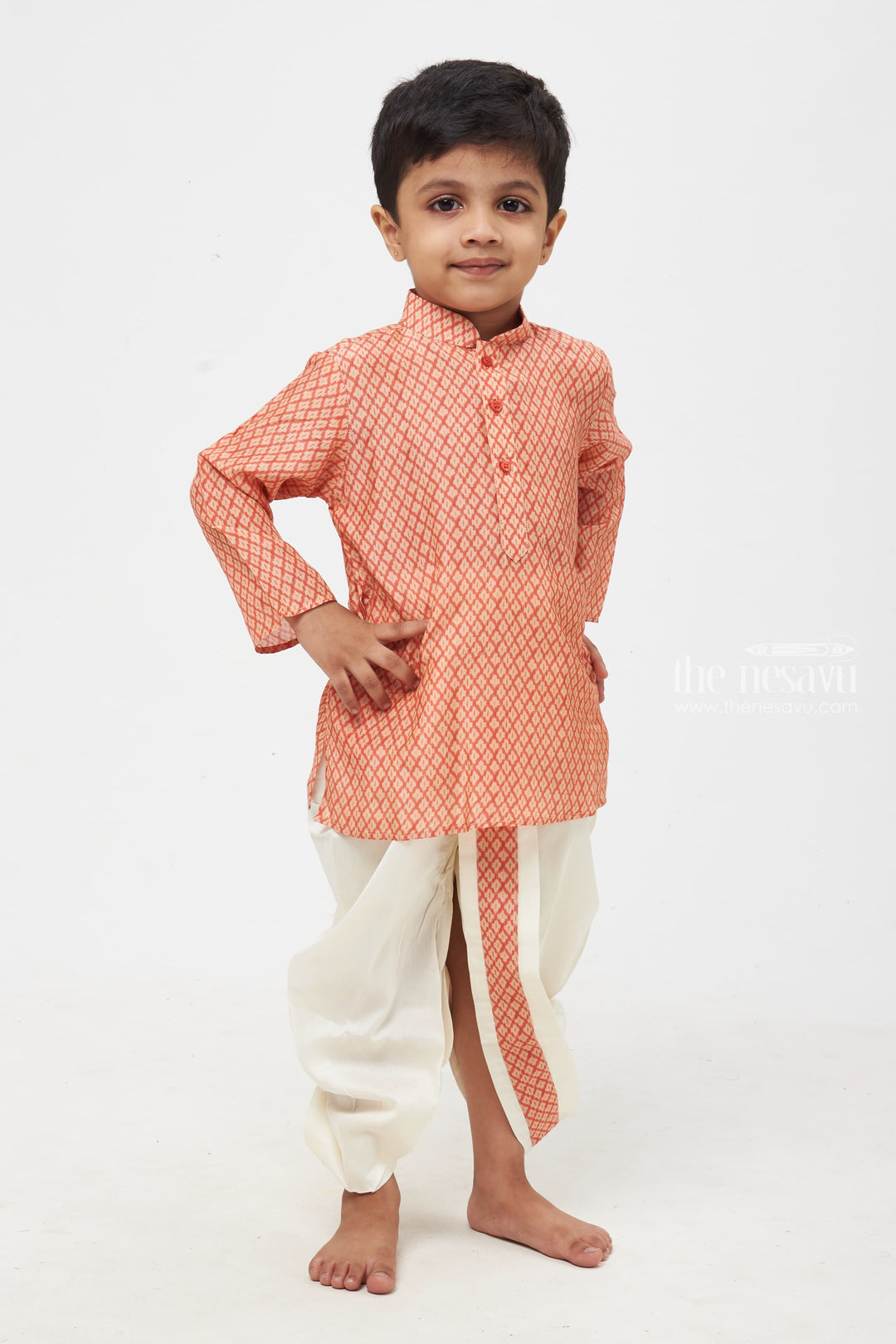 The Nesavu Boys Dothi Set Crimson Canvas: Timeless Block Print Red Kurta with Pristine White Panchagajam for Boys Nesavu 12 (3M) / Red / Muslin Silk BES390A-12 Elegant & Comfortable | Boys Cotton Kurta Sets | The Nesavu