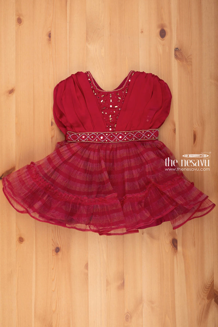 The Nesavu Girls Fancy Party Frock Crimson Elegance: Girls Celebration Dress with Striped Pleats & Gleaming Embellishments Nesavu 16 (1Y) / Red / Plain net PF132B-16 Baby Girl Party Dresses | Baby Girl Partywear | the Nesavu