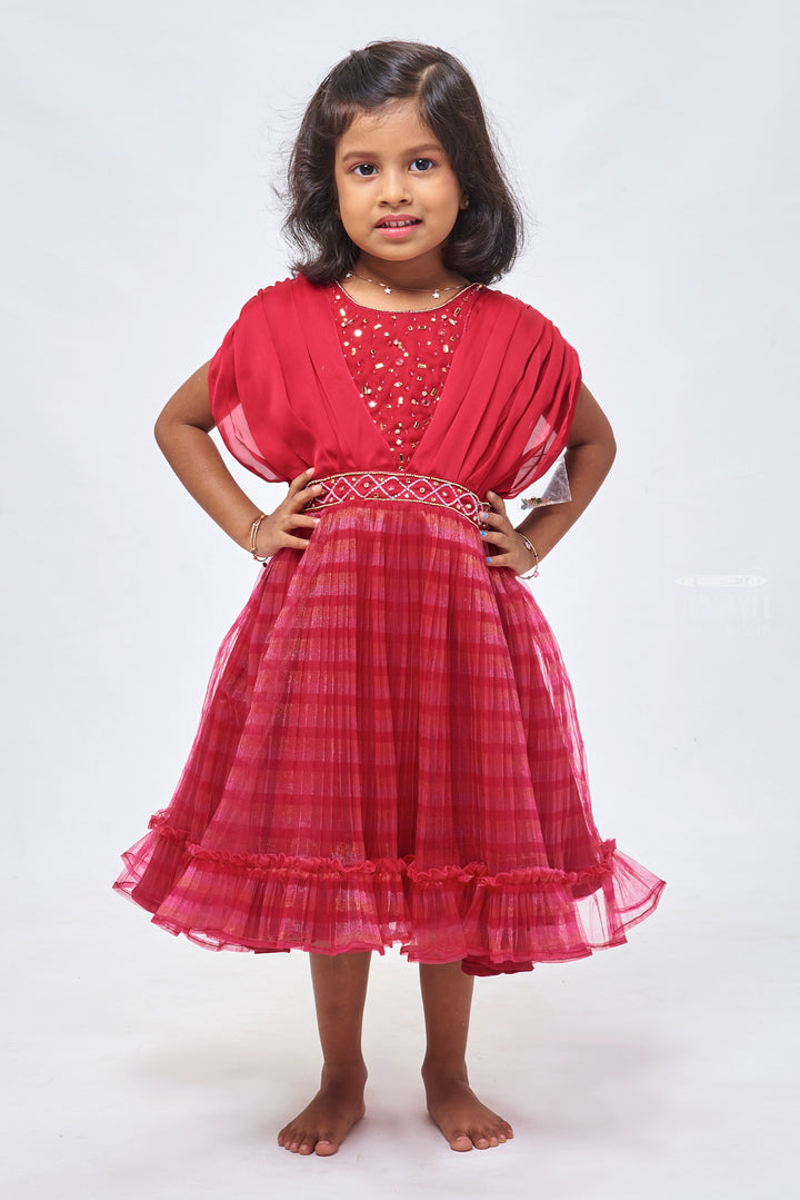 The Nesavu Girls Fancy Party Frock Crimson Elegance: Girls Celebration Dress with Striped Pleats & Gleaming Embellishments Nesavu 16 (1Y) / Red / Plain net PF132B-16 Baby Girl Party Dresses | Baby Girl Partywear | the Nesavu