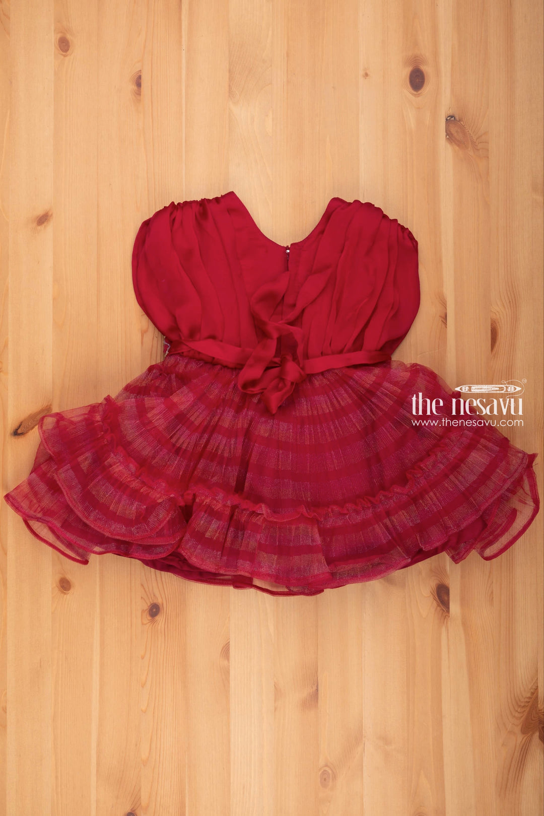 The Nesavu Girls Fancy Party Frock Crimson Elegance: Girls Celebration Dress with Striped Pleats & Gleaming Embellishments Nesavu Baby Girl Party Dresses | Baby Girl Partywear | the Nesavu