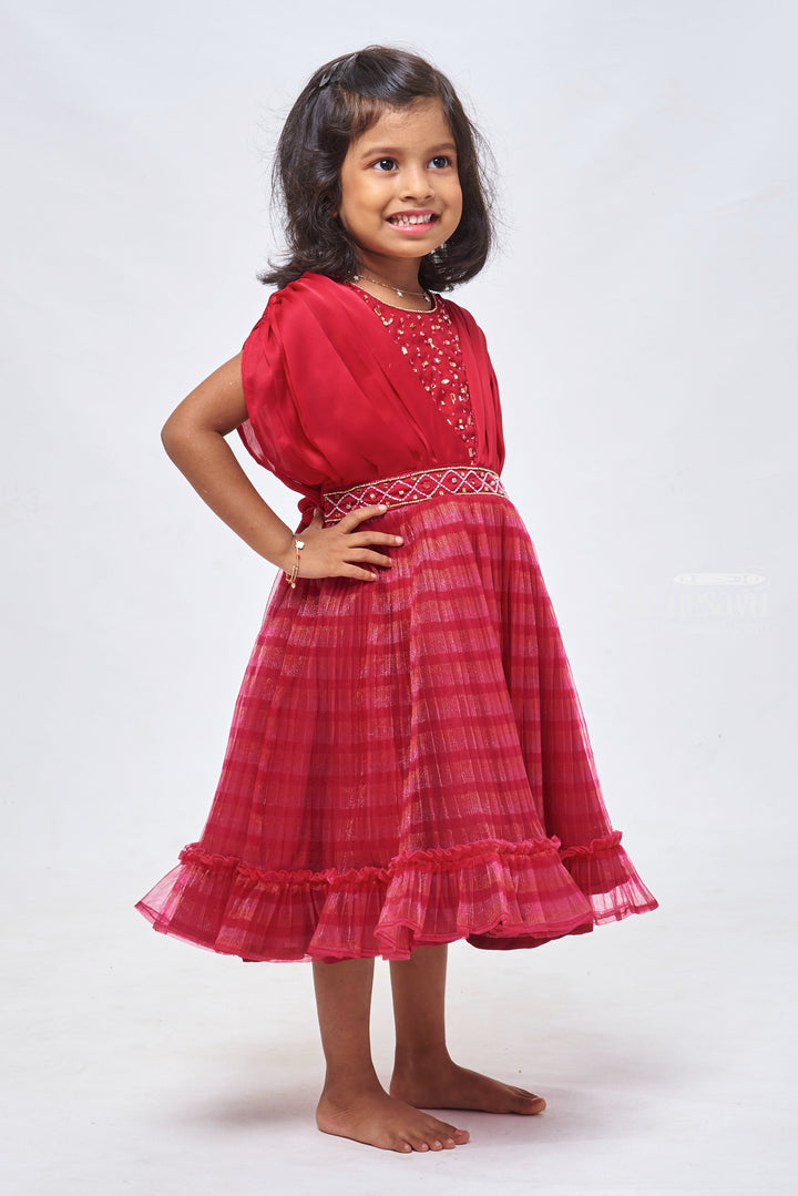 The Nesavu Girls Fancy Party Frock Crimson Elegance: Girls Celebration Dress with Striped Pleats & Gleaming Embellishments Nesavu Baby Girl Party Dresses | Baby Girl Partywear | the Nesavu