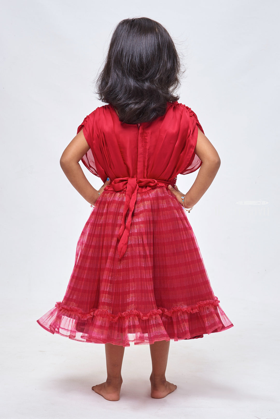 The Nesavu Girls Fancy Party Frock Crimson Elegance: Girls Celebration Dress with Striped Pleats & Gleaming Embellishments Nesavu Baby Girl Party Dresses | Baby Girl Partywear | the Nesavu