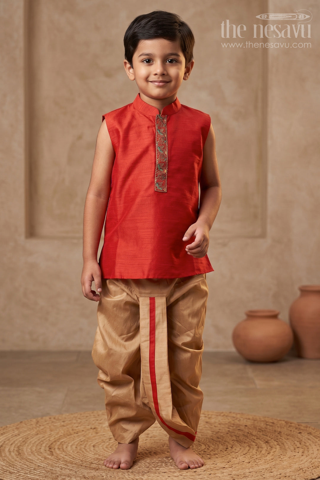 The Nesavu Boys Dothi Set Crimson Red Kurta and Beige Dhoti Set for Boysclassic Panchagajam Attire Nesavu 12 (3M) / Red / Silk Blend BES476B-12 Boys Crimson Red Kurta & Beige Dhoti Set | The Nesavu