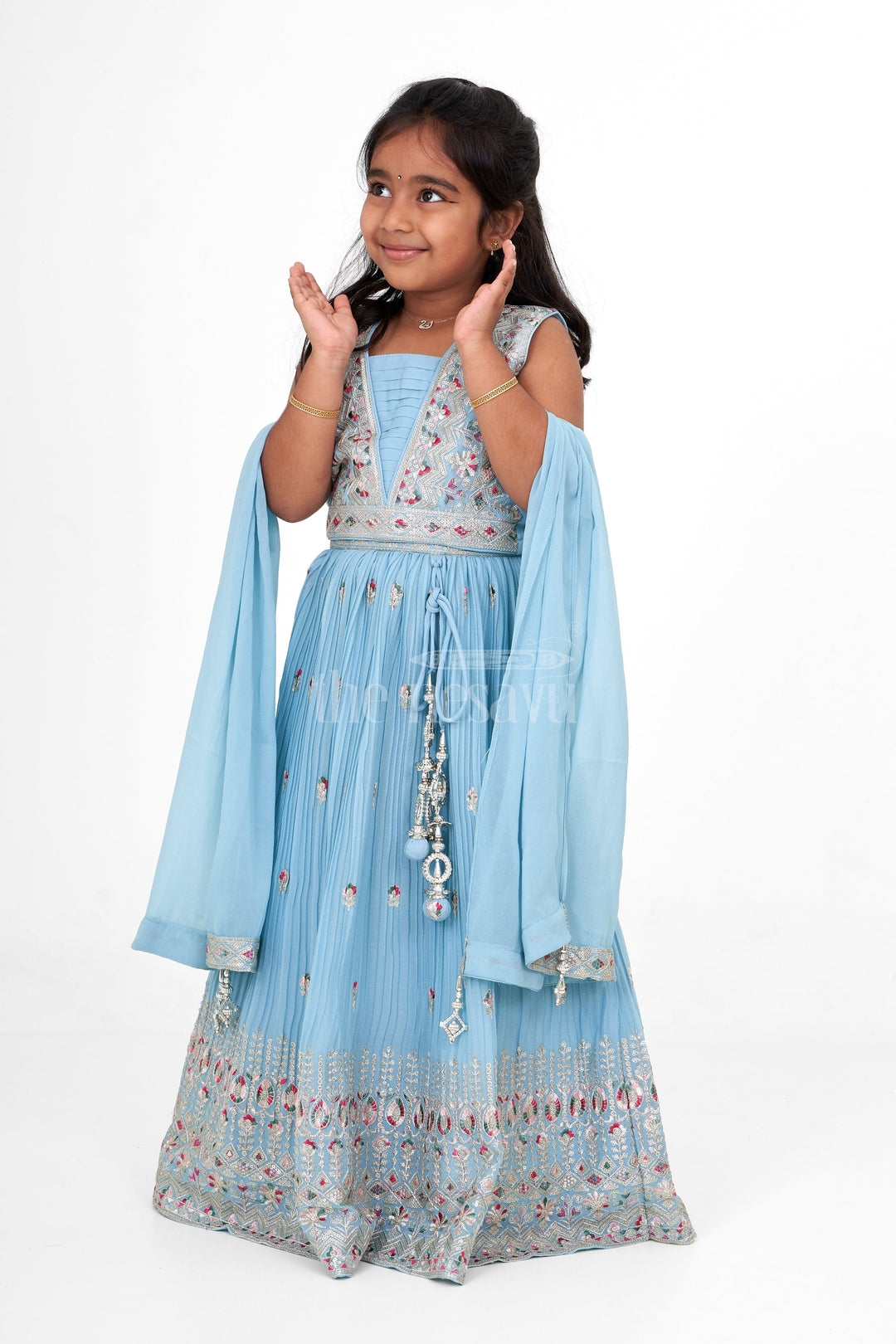 The Nesavu Girls Lehenga Choli Crush Chinon Designer Embroidered Lehenga Choli for Girls in Blue with Luxurious Detailing Nesavu Nesavu Blue Lehenga Choli Girls Designer Embroidered Crush Chinon Festive Family Gatherings