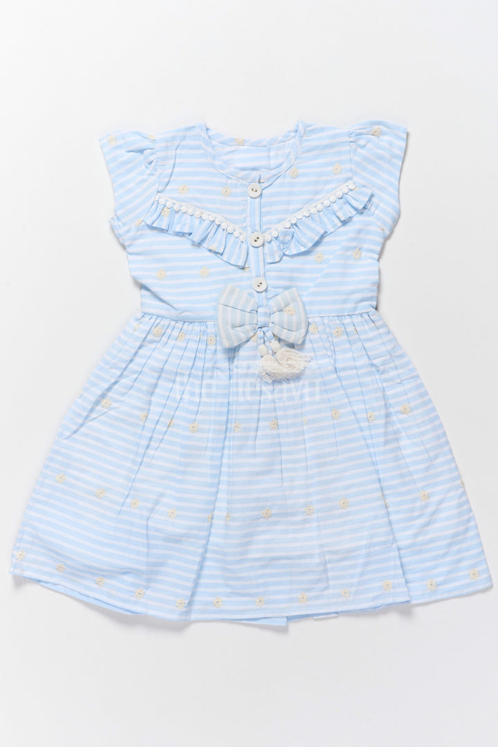 The Nesavu Girls Cotton Frock Cute Casual Frocks for Girls with Blue Stripes and Bow Detailing Comfortable and Stylish Nesavu 22 (4Y) / Blue GFC1494A-22 Nesavu Blue Striped Cotton Frock Ruffles Bow Details Perfect Casual Outings