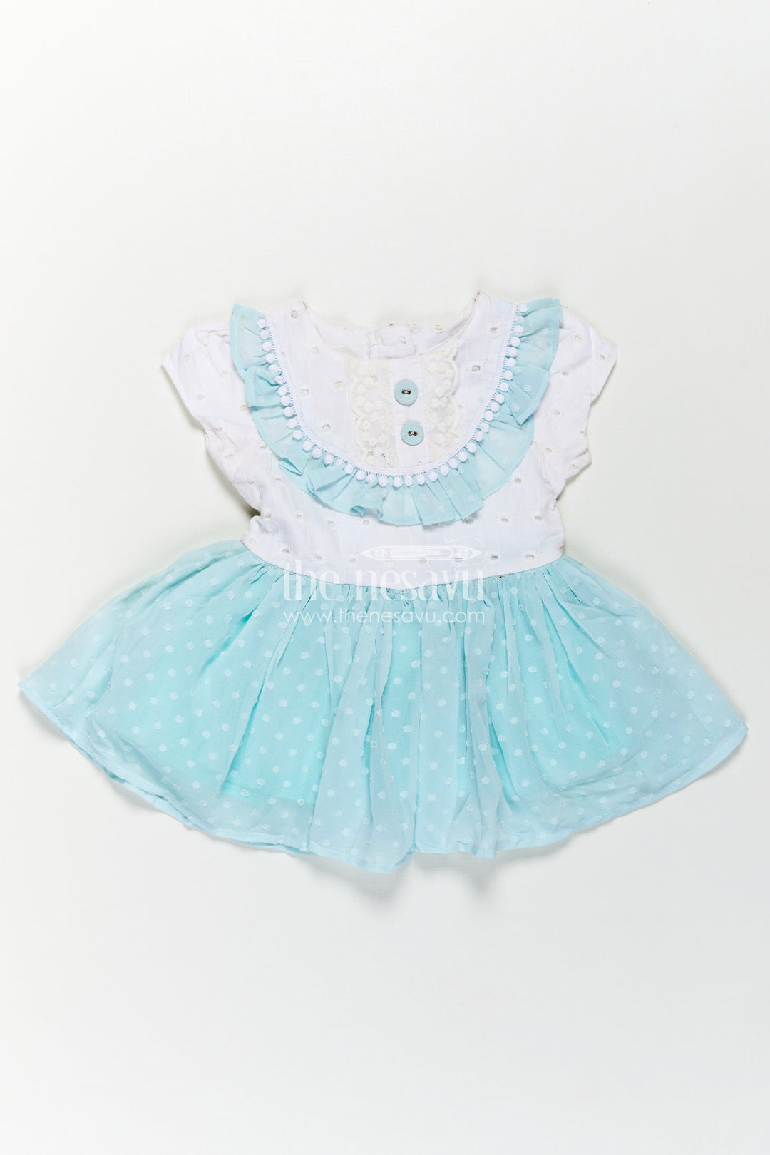 The Nesavu Baby Fancy Frock Cute Frocks for Girl in Pastel Blue with Hakoba Lace Yoke and Georgette Polka Dot Flare Nesavu 12 (3M) / Blue BFJ778A-12 Cute Frocks Girl Blue Hakoba Lace Yoke Polka Dot Georgette Skirt | The Nesavu