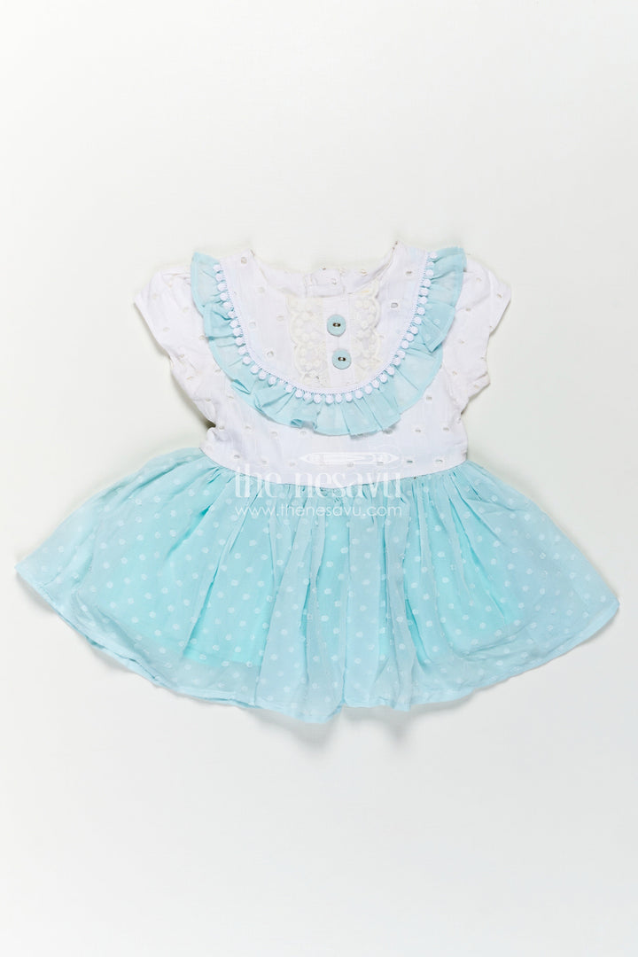 The Nesavu Baby Fancy Frock Cute Frocks for Girl in Pastel Blue with Hakoba Lace Yoke and Georgette Polka Dot Flare Nesavu 12 (3M) / Blue BFJ778A-12 Cute Frocks Girl Blue Hakoba Lace Yoke Polka Dot Georgette Skirt | The Nesavu
