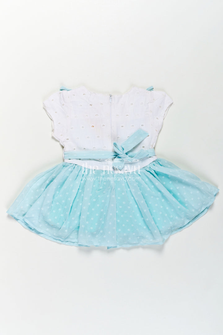 The Nesavu Baby Fancy Frock Cute Frocks for Girl in Pastel Blue with Hakoba Lace Yoke and Georgette Polka Dot Flare Nesavu Cute Frocks Girl Blue Hakoba Lace Yoke Polka Dot Georgette Skirt | The Nesavu
