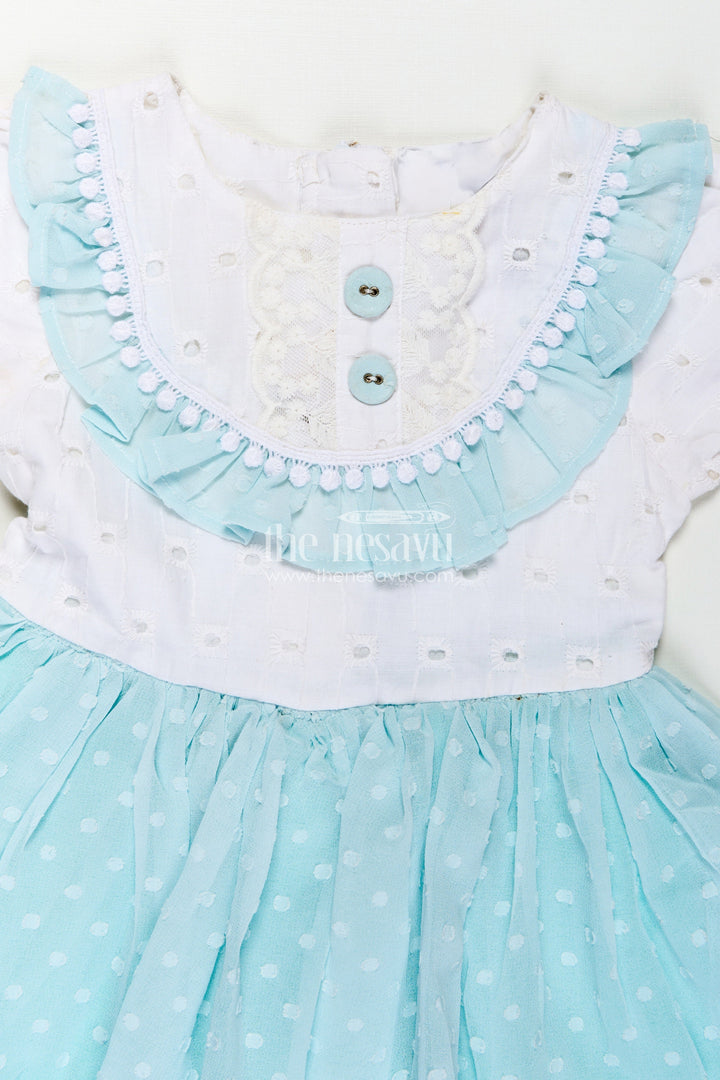 The Nesavu Baby Fancy Frock Cute Frocks for Girl in Pastel Blue with Hakoba Lace Yoke and Georgette Polka Dot Flare Nesavu Cute Frocks Girl Blue Hakoba Lace Yoke Polka Dot Georgette Skirt | The Nesavu