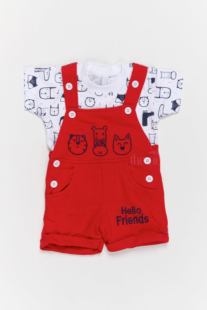 The Nesavu Baby Casual Sets Cute Outfits for Newborns Red Animal Applique Dungaree with Printed T-Shirt Nesavu 14 (6M) / Red BCS190B-14 Cute Outfits Newborns Red Animal Applique Dungaree Printed T-Shirt | The Nesavu
