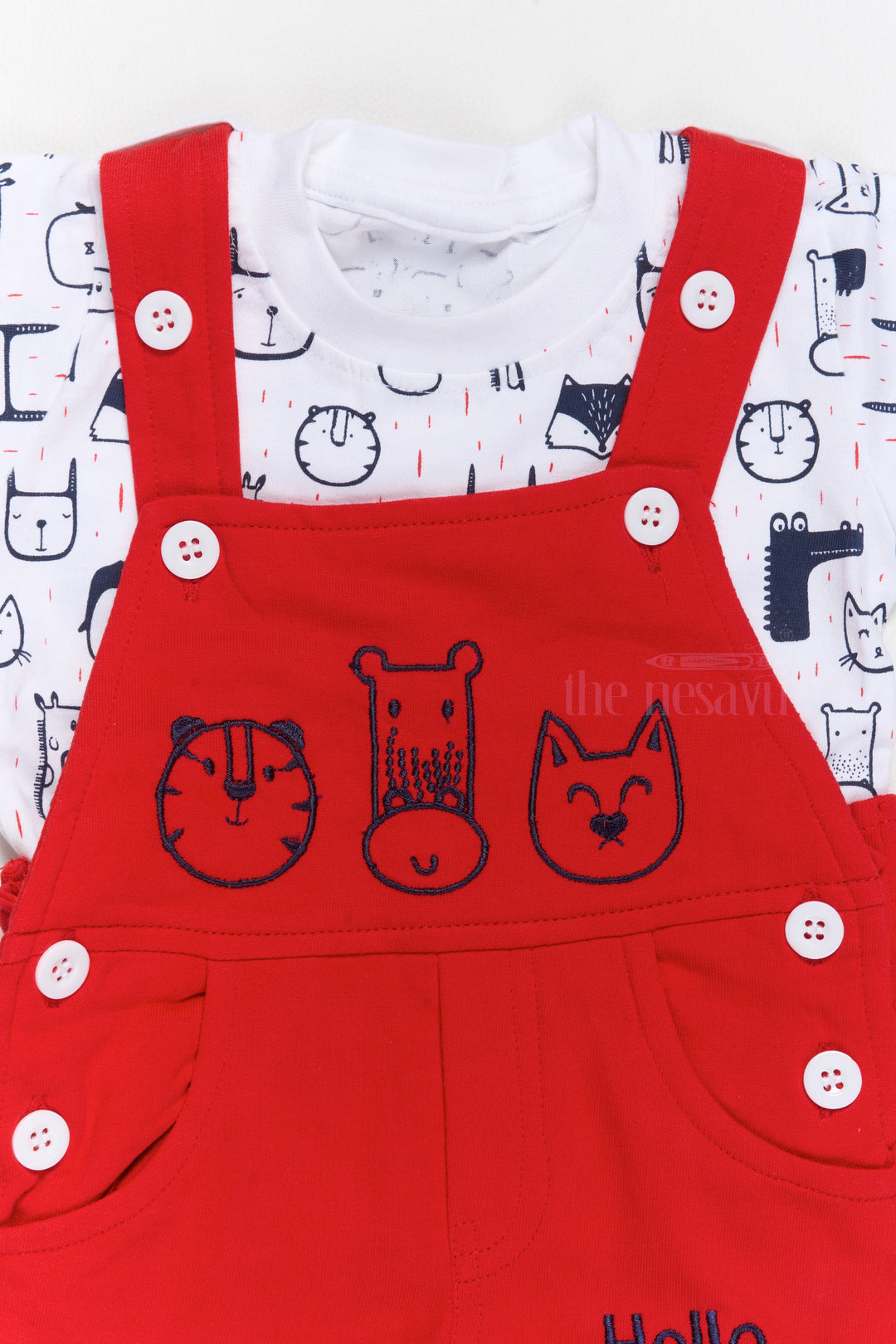 The Nesavu Baby Casual Sets Cute Outfits for Newborns Red Animal Applique Dungaree with Printed T-Shirt Nesavu Cute Outfits Newborns Red Animal Applique Dungaree Printed T-Shirt | The Nesavu