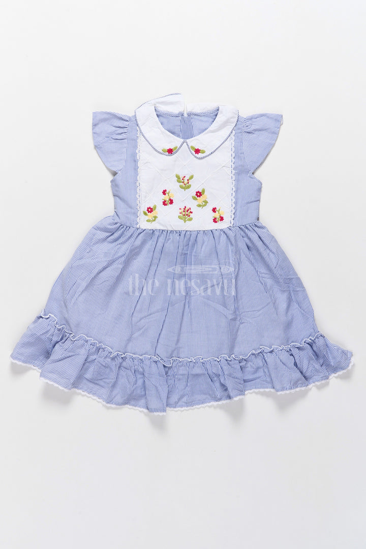 The Nesavu Girls Cotton Frock Cute Striped Girls Frock in Blue with Embroidered Bodice and Flutter Sleeves – Ideal for Cute Frocks Collection Nesavu 30 (8Y) / Blue GFC1496A-30 Nesavu Cute Blue Striped Girls Frock Embroidered Bodice  Comfortable Stylish