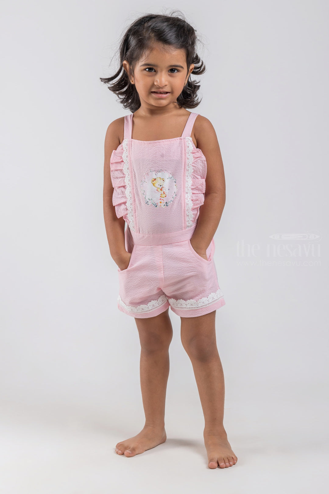 The Nesavu Baby Dungarees Cute Teddy Bear Printed Sleeveless Pink Top and Pink Trouser Set for Baby Girls psr silks Nesavu 14 (6M) / Pink / Cotton BFJ406C