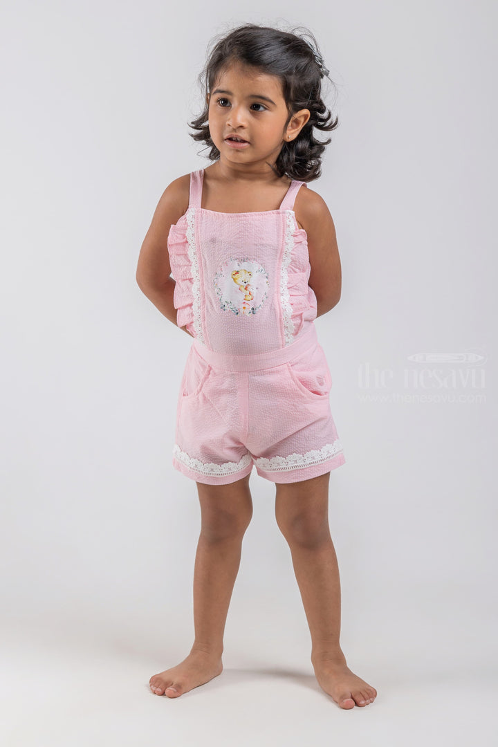 The Nesavu Baby Dungarees Cute Teddy Bear Printed Sleeveless Pink Top and Pink Trouser Set for Baby Girls psr silks Nesavu