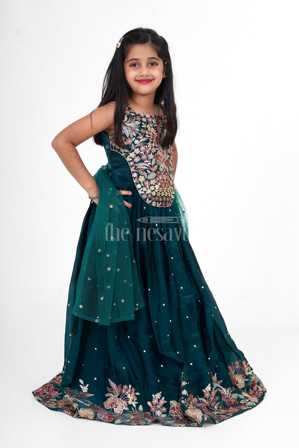 The Nesavu Girls Lehenga Choli Dark Green Chinon Silk Girls Lehenga Choli with Designer Embroidery for Weddings and Special Events Nesavu Nesavu Dark Green Chinon Silk Lehenga Choli Girls Designer Embroidery Perfect Weddings Festive Events