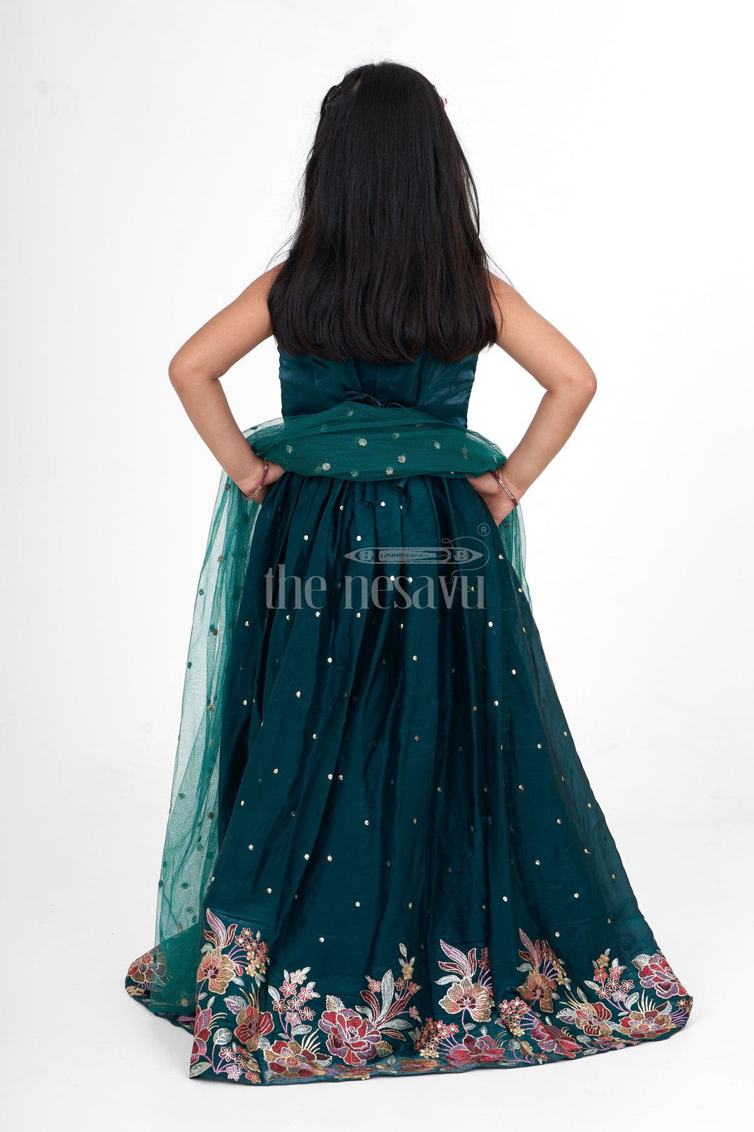 The Nesavu Girls Lehenga Choli Dark Green Chinon Silk Girls Lehenga Choli with Designer Embroidery for Weddings and Special Events Nesavu Nesavu Dark Green Chinon Silk Lehenga Choli Girls Designer Embroidery Perfect Weddings Festive Events