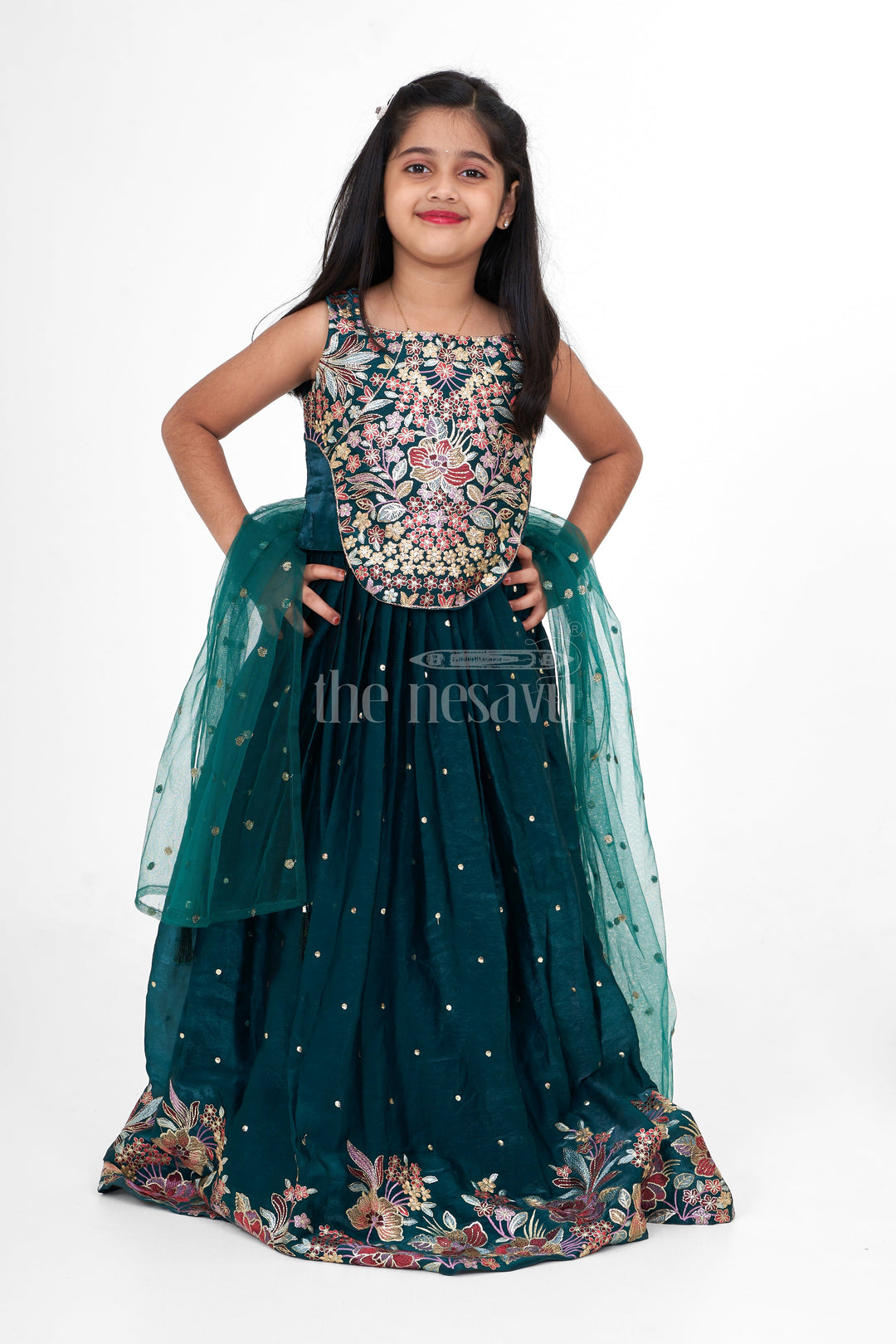 The Nesavu Girls Lehenga Choli Dark Green Chinon Silk Girls Lehenga Choli with Designer Embroidery for Weddings and Special Events Nesavu Nesavu Dark Green Chinon Silk Lehenga Choli Girls Designer Embroidery Perfect Weddings Festive Events