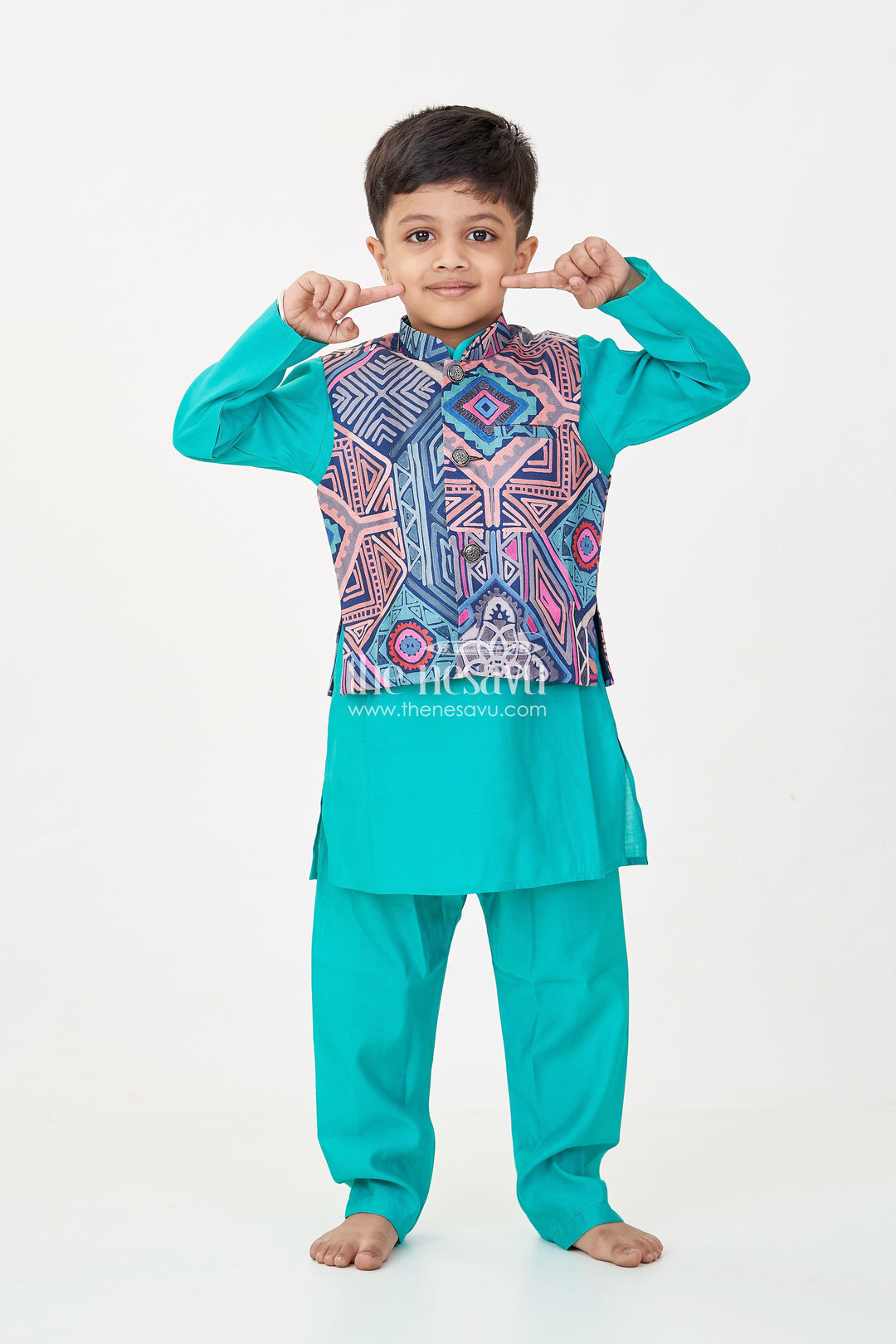 The Nesavu Boys Jacket Sets Dark Green Kurtha Boys Jacket Set in Silk Blend with Printed Geometric Jacket and Matching Pants Nesavu 16 (1Y) / Green BES674B-16 Dark Green Kurtha Boys Jacket Set with Multicolor Geometric Print Silk Blend Jacket | The Nesavu
