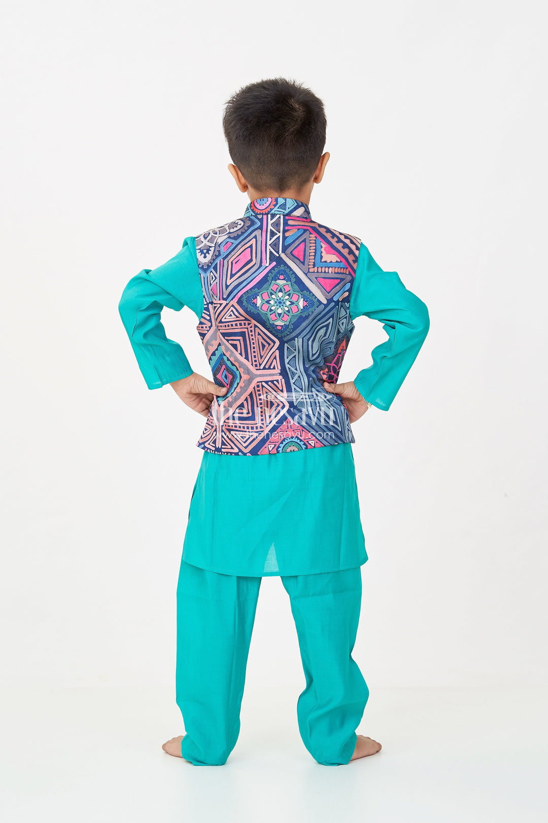 The Nesavu Boys Jacket Sets Dark Green Kurtha Boys Jacket Set in Silk Blend with Printed Geometric Jacket and Matching Pants Nesavu Dark Green Kurtha Boys Jacket Set with Multicolor Geometric Print Silk Blend Jacket | The Nesavu