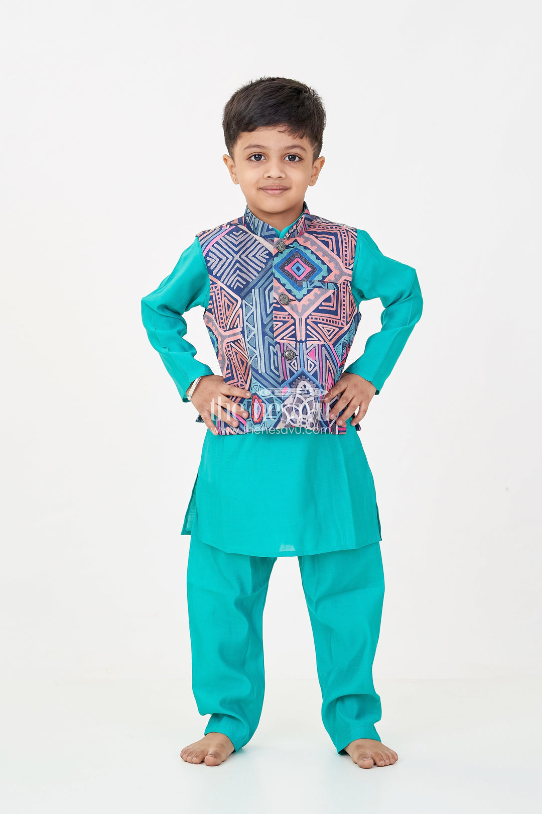 The Nesavu Boys Jacket Sets Dark Green Kurtha Boys Jacket Set in Silk Blend with Printed Geometric Jacket and Matching Pants Nesavu Dark Green Kurtha Boys Jacket Set with Multicolor Geometric Print Silk Blend Jacket | The Nesavu