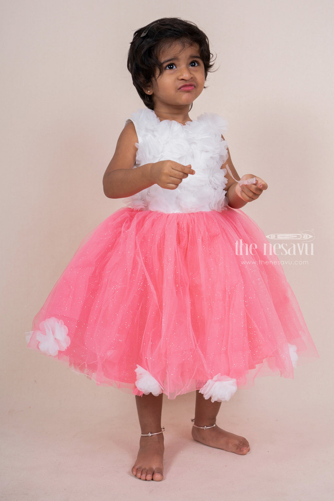 The Nesavu Girls Tutu Frock Dark Pink With White Floral Embellished Party Frock For Baby Girls Nesavu 16 (1Y) / Pink PF69B-16 Girls Designer Wear Ideas | First Birthday Gowns For Girls | The Nesavu