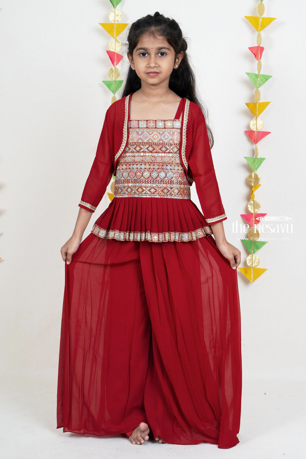 The Nesavu Girls Sharara / Plazo Set Dark Red Embroidery Pleated Georgette Palazzo Suit For Girls Nesavu 20 (3Y) / Red GPS100A-20 Girls Designer Embroidery Collection 2022 | Stylish Party Wear Ideas | The Nesavu