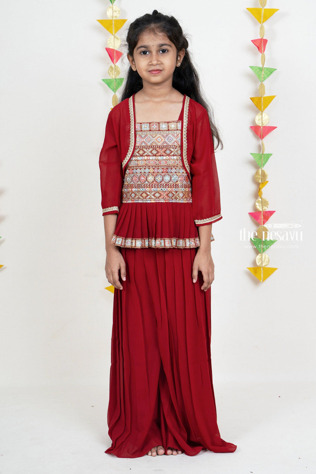 The Nesavu Girls Sharara / Plazo Set Dark Red Embroidery Pleated Georgette Palazzo Suit For Girls Nesavu Girls Designer Embroidery Collection 2022 | Stylish Party Wear Ideas | The Nesavu