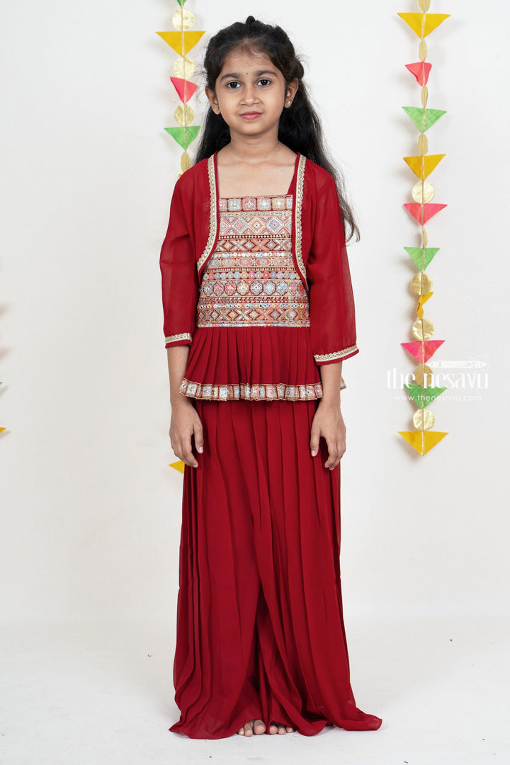 The Nesavu Girls Sharara / Plazo Set Dark Red Embroidery Pleated Georgette Palazzo Suit For Girls Nesavu Girls Designer Embroidery Collection 2022 | Stylish Party Wear Ideas | The Nesavu
