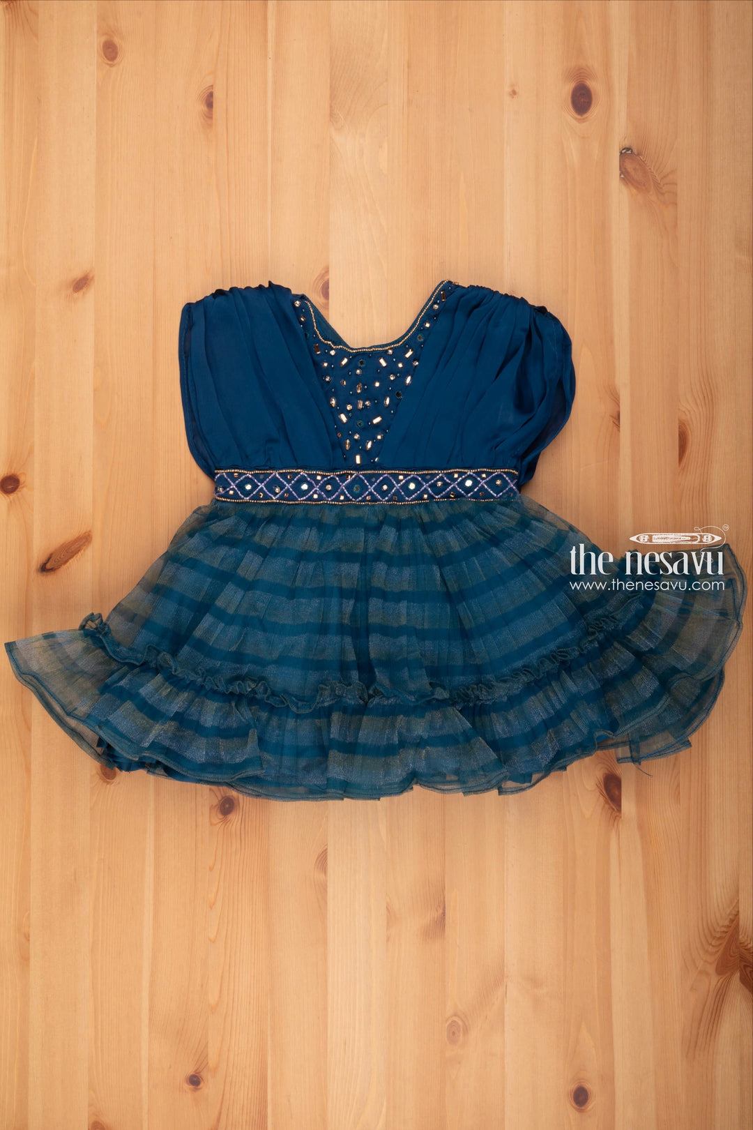 The Nesavu Girls Fancy Party Frock Dazzling Blue Gala Frock for Girls: Adorned with Rhinestones & Reflective Mirror Accents Nesavu 16 (1Y) / Blue / Plain net PF132A-16 1YEAR Old Baby Girl Birthday Frock | Baby Birthday Dress | the Nesavu