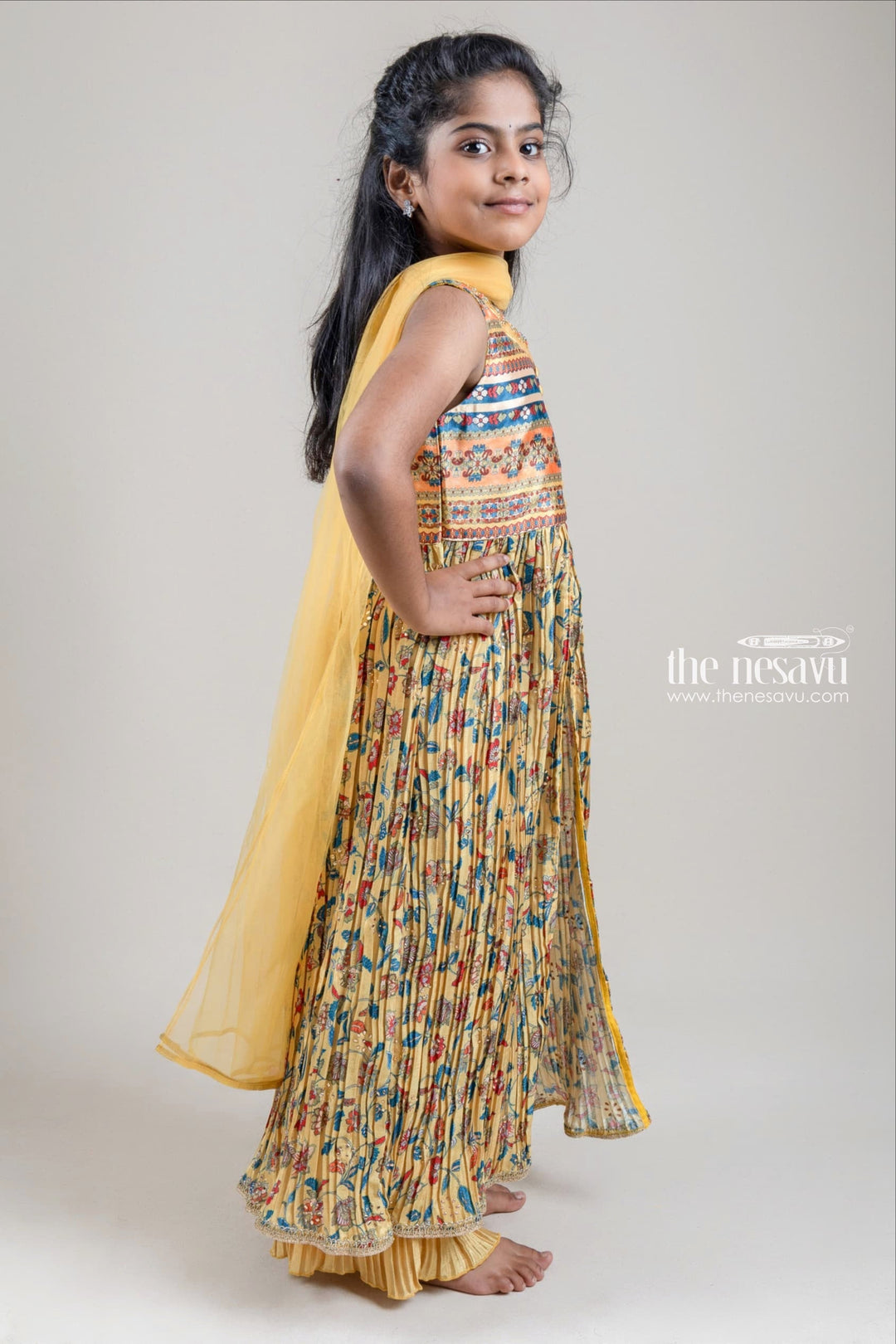 The Nesavu Girls Sharara / Plazo Set Dazzling Floral Printed Pleated Yellow Tunic Top N Palazzo Pant For Girls Nesavu Trendy Kurti With Palazzo Pant For Girls | Premium Kurti And Palazzo Suit | The Nesavu