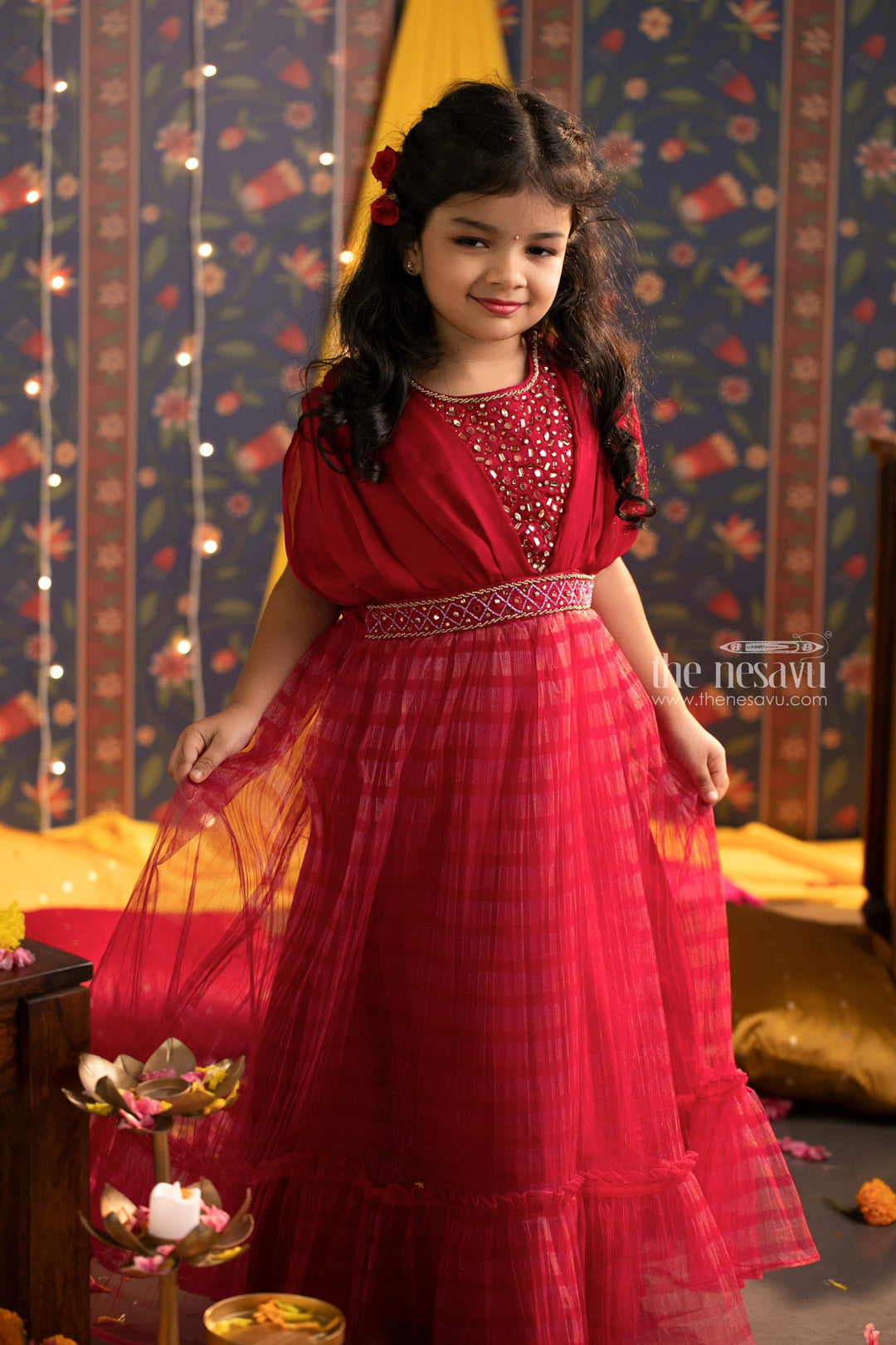 The Nesavu Girls Party Gown Dazzling Mirror Stone Embroidered Pleated & Striped Pattern Red Anarkali Gown for Girls- Elegant Diwali Anarkali Dresses Nesavu 20 (3Y) / Red / Plain Net GA142B-20 Anarkali Embroidery Dress Designs | Festive Diwali Anarkali Outfits | The Nesavu